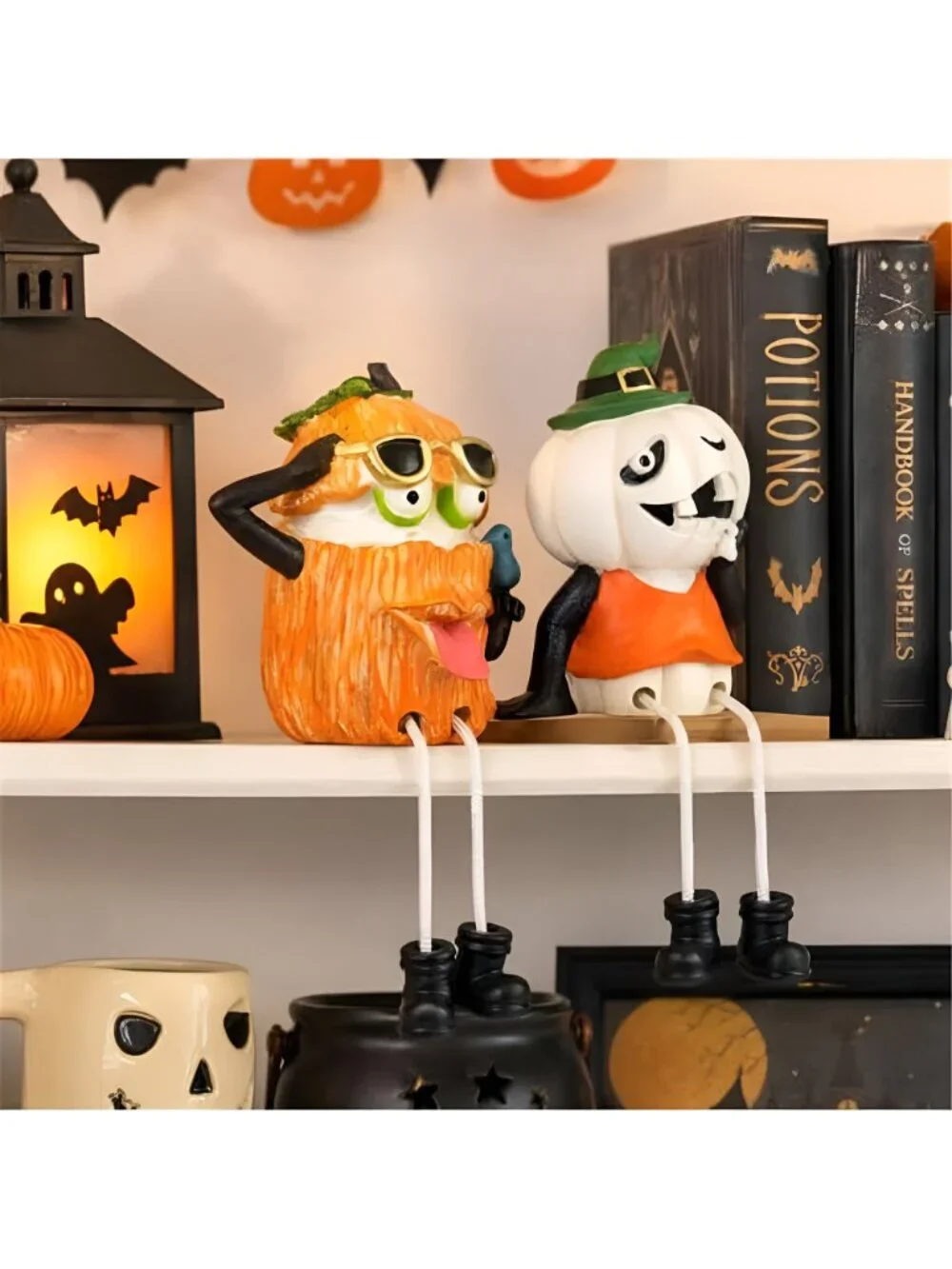 Set of 2 Shelf Sitter Figurine, Halloween Pumpkins with Dangling Legs